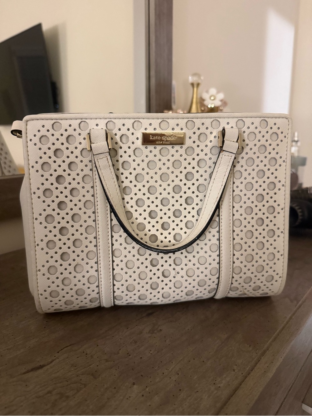 kate spade Cream Perforated Leather Crossbody Tote with Gold Plate